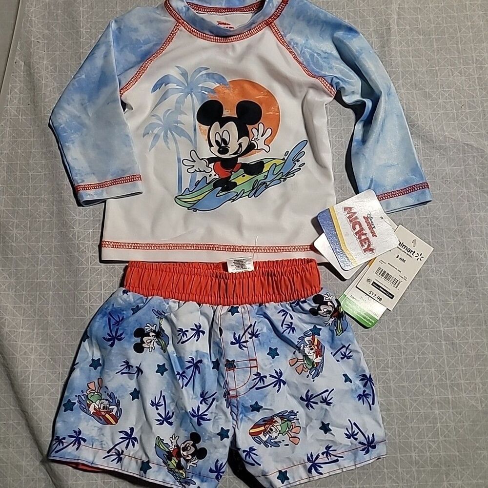 Disney Junior Mickey Mouse Surfing 2Pc Swim Set - 3-6m Long Sleeve Top & Trunks